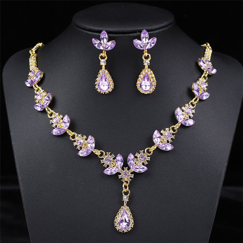 Bridal Jewelry Crystal Amethyte Alloy Necklace Earrings New Suit Wedding Dress Accessories Korean Style Dinner Wear - Image 1
